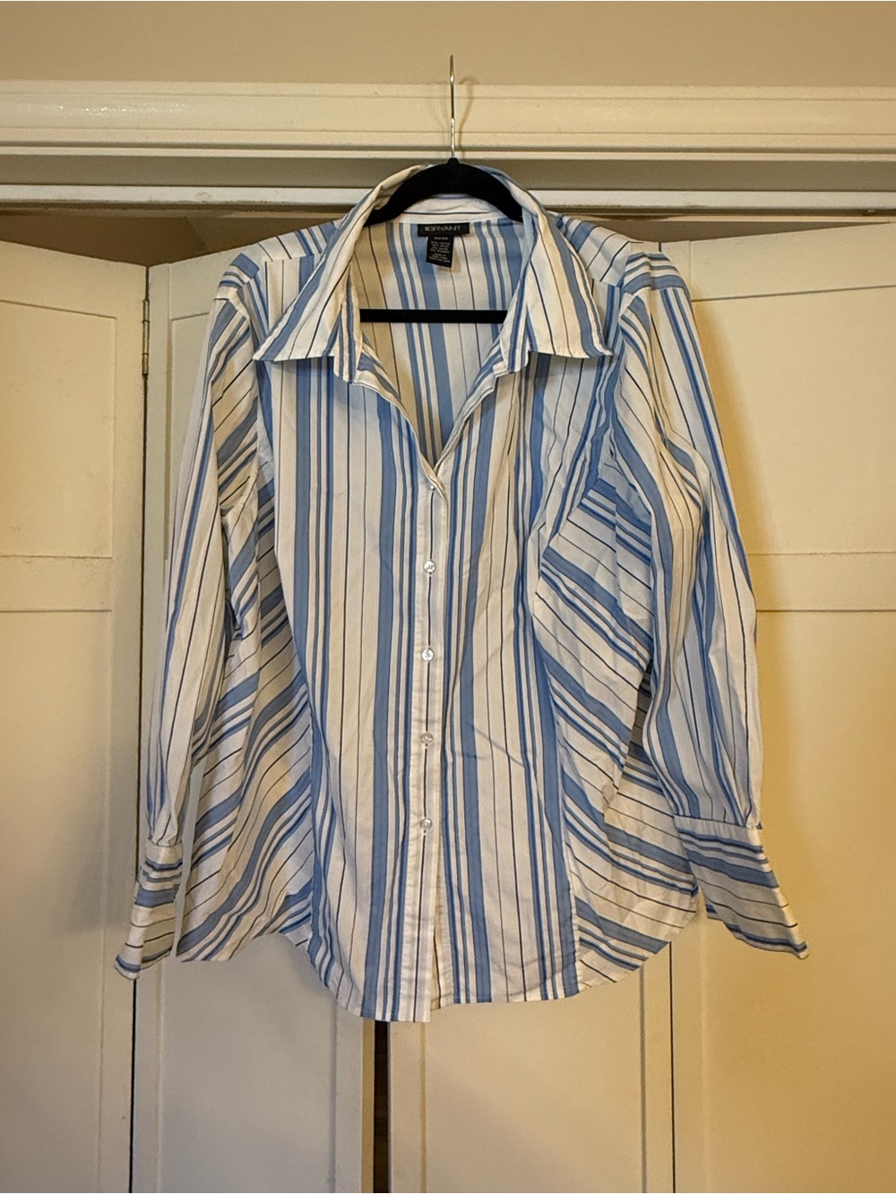 Lane Bryant White and Light Blue Vertical Stripe Dress Shirt